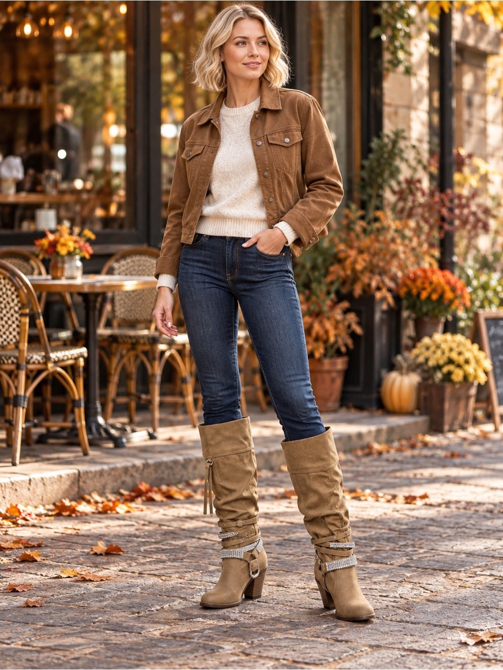 Not Rated Stacey Knee High Rhinestone Buckle Boots Nude Tan Size 8